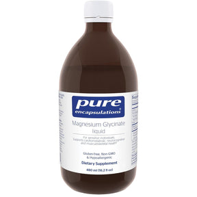 Frasco frontal de Pure Encapsulations glicinato de magnesio líquido 480 ml.