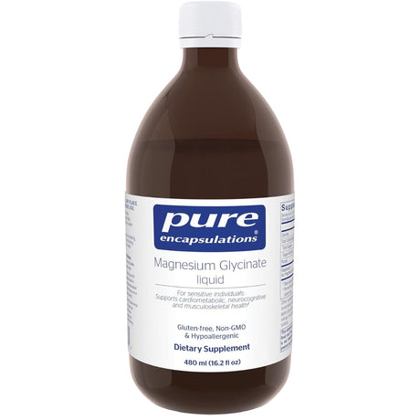 Frasco frontal de Pure Encapsulations glicinato de magnesio líquido 480 ml.