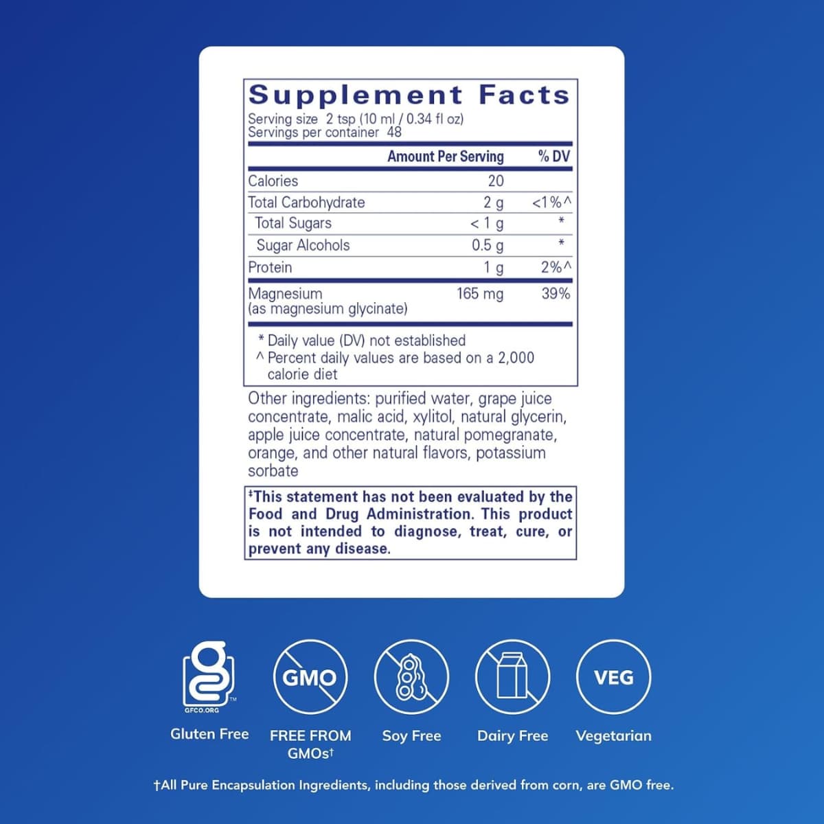 Información del suplemento de Pure Encapsulations glicinato de magnesio líquido con 165 mg de magnesio por porción de 10 ml.