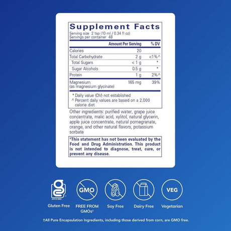 Información del suplemento de Pure Encapsulations glicinato de magnesio líquido con 165 mg de magnesio por porción de 10 ml.