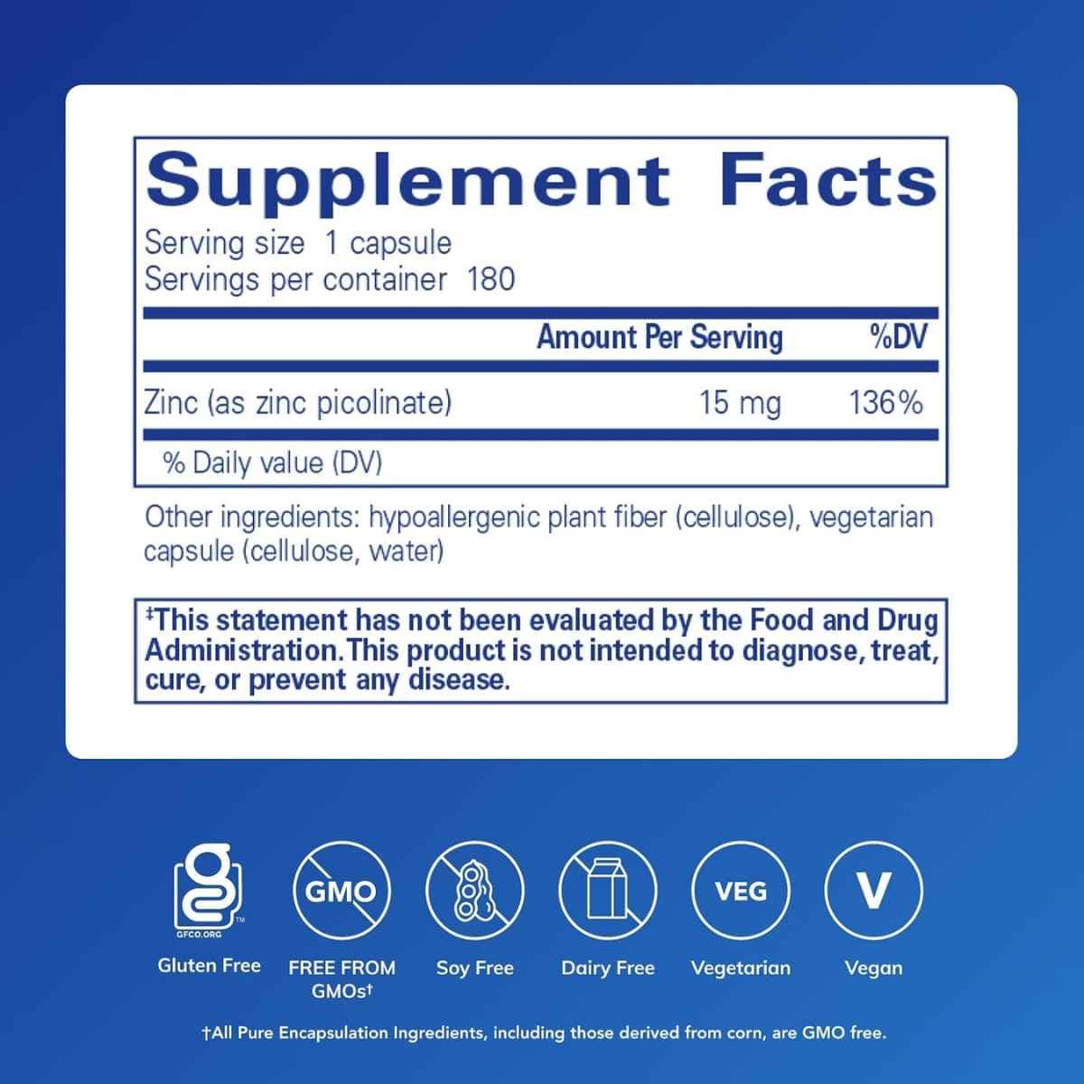 Tabla nutricional del suplemento Pure Encapsulations Picolinato de Zinc 15 mg 180 cápsulas