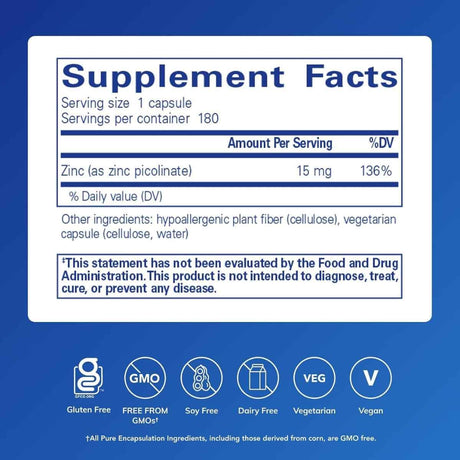 Tabla nutricional del suplemento Pure Encapsulations Picolinato de Zinc 15 mg 180 cápsulas