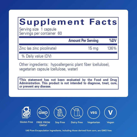 Tabla nutricional del suplemento Pure Encapsulations Picolinato de Zinc 15 mg 60 cápsulas