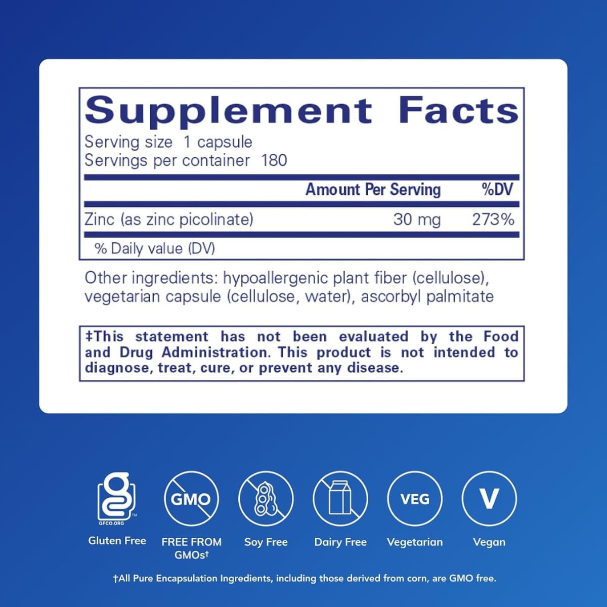 Tabla nutricional del suplemento Pure Encapsulations Picolinato de Zinc 30 mg 180 cápsulas
