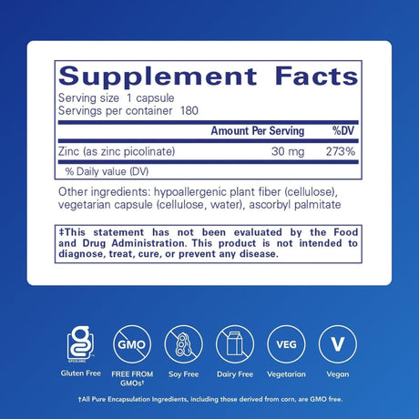 Tabla nutricional del suplemento Pure Encapsulations Picolinato de Zinc 30 mg 180 cápsulas