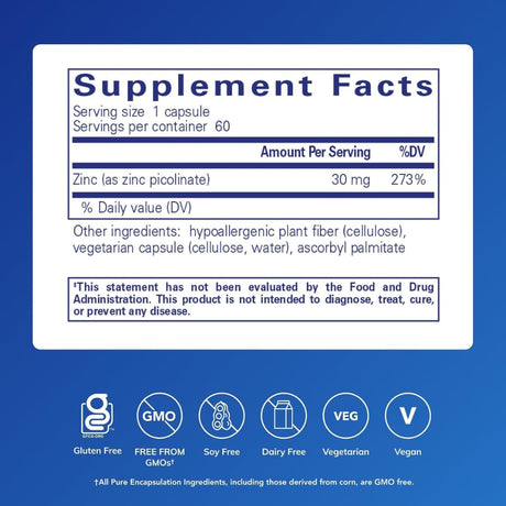 Tabla nutricional del suplemento Pure Encapsulations Picolinato de Zinc 30 mg 60 cápsulas