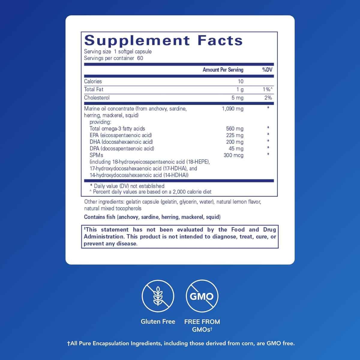 Información del suplemento Pure Encapsulations Pro-Resolve Omega omega 3 SPMs