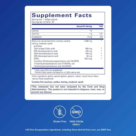 Información del suplemento Pure Encapsulations Pro-Resolve Omega omega 3 SPMs