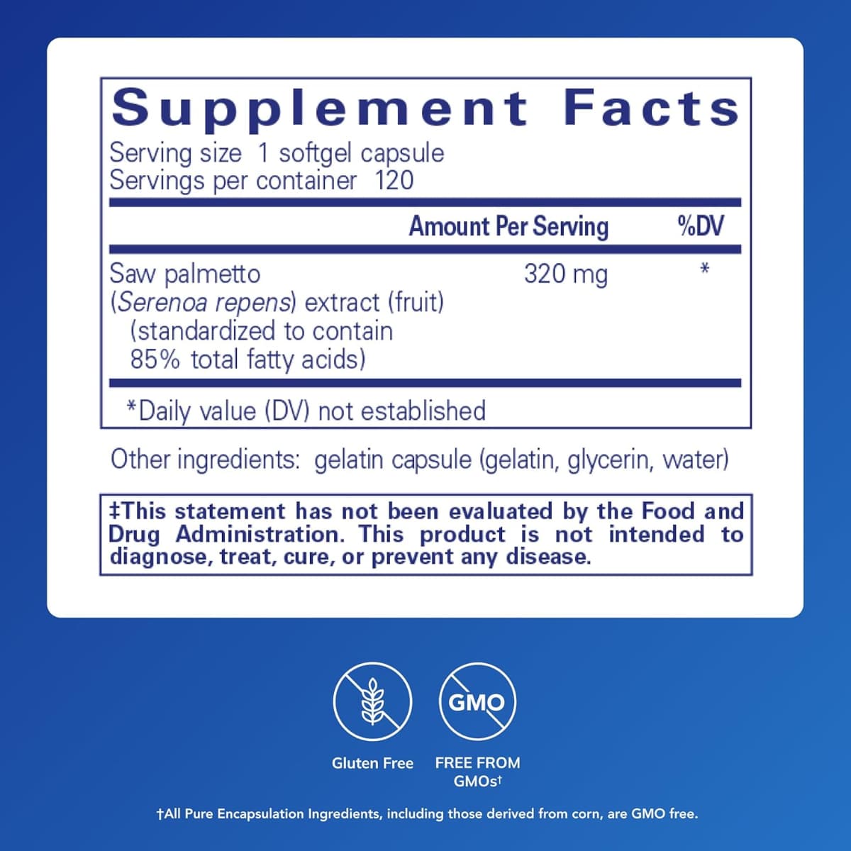 Tabla nutricional del suplemento Pure Encapsulations Saw Palmetto 320 mg 120 cápsulas blandas