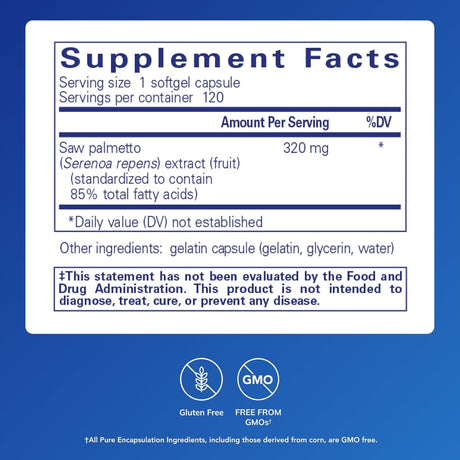 Tabla nutricional del suplemento Pure Encapsulations Saw Palmetto 320 mg 120 cápsulas blandas