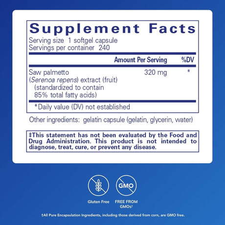 Tabla nutricional del suplemento Pure Encapsulations Saw Palmetto 320 mg 240 cápsulas blandas
