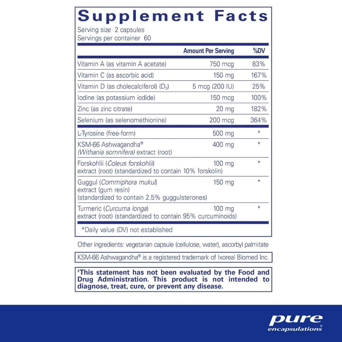 Tabla nutricional del suplemento Pure Encapsulations Thyroid Support Complex 120 cápsulas.