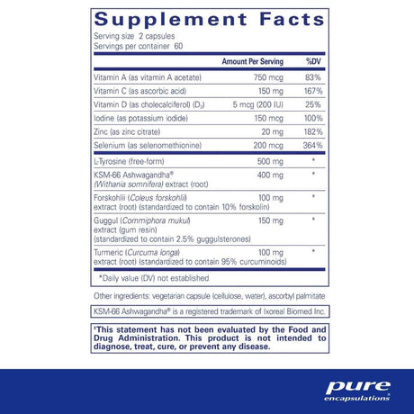 Tabla nutricional del suplemento Pure Encapsulations Thyroid Support Complex 120 cápsulas.