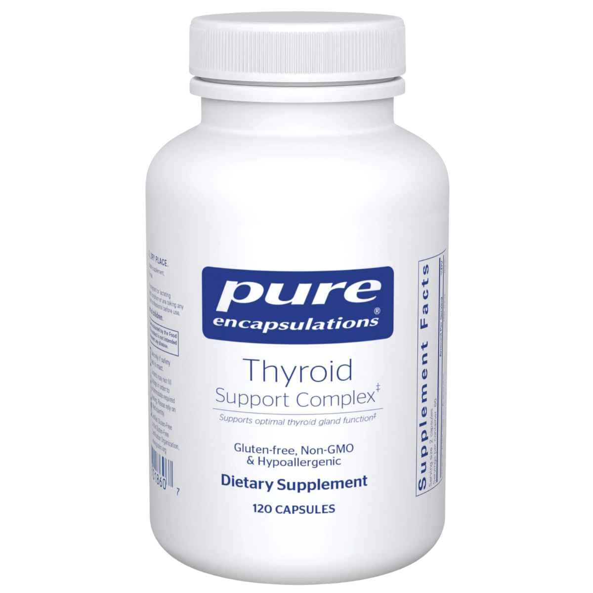 Frasco de suplemento Pure Encapsulations Thyroid Support Complex 120 cápsulas.
