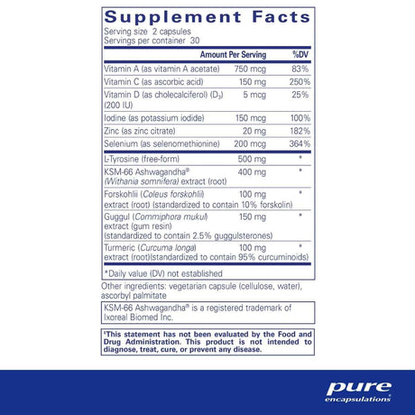 Tabla nutricional del suplemento Pure Encapsulations Thyroid Support Complex 60 cápsulas