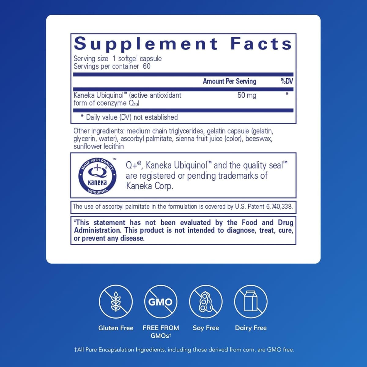 Tabla nutricional del suplemento Pure Encapsulations Ubiquinol-QH 50 mg 60 cápsulas