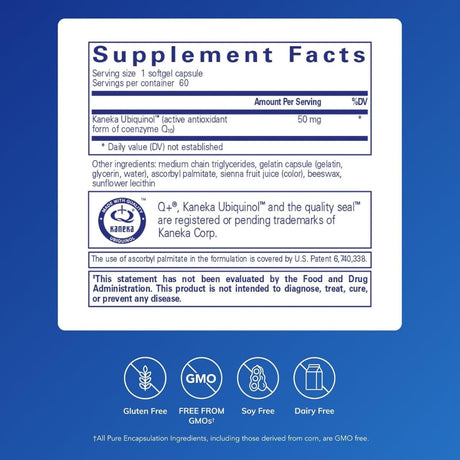 Tabla nutricional del suplemento Pure Encapsulations Ubiquinol-QH 50 mg 60 cápsulas