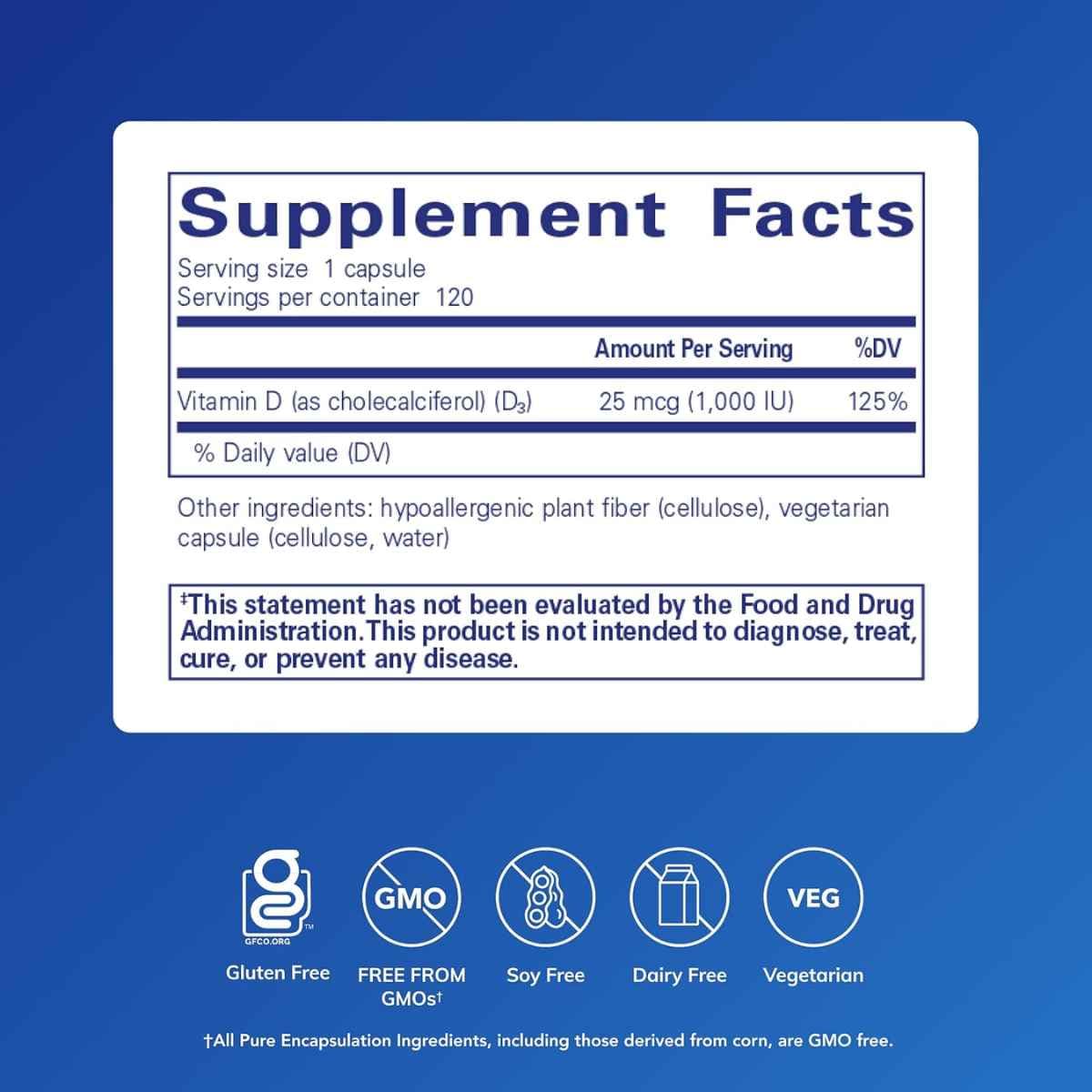 Tabla nutricional del suplemento Pure Encapsulations Vitamina D3 1000 UI 120 cápsulas
