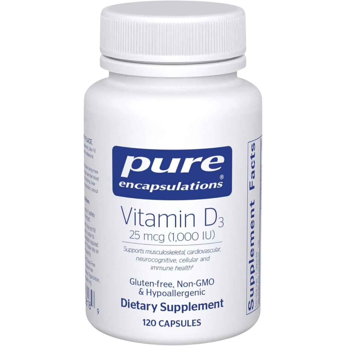 Frasco de suplemento Pure Encapsulations Vitamina D3 1000 UI 120 cápsulas