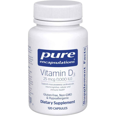 Frasco de suplemento Pure Encapsulations Vitamina D3 1000 UI 120 cápsulas