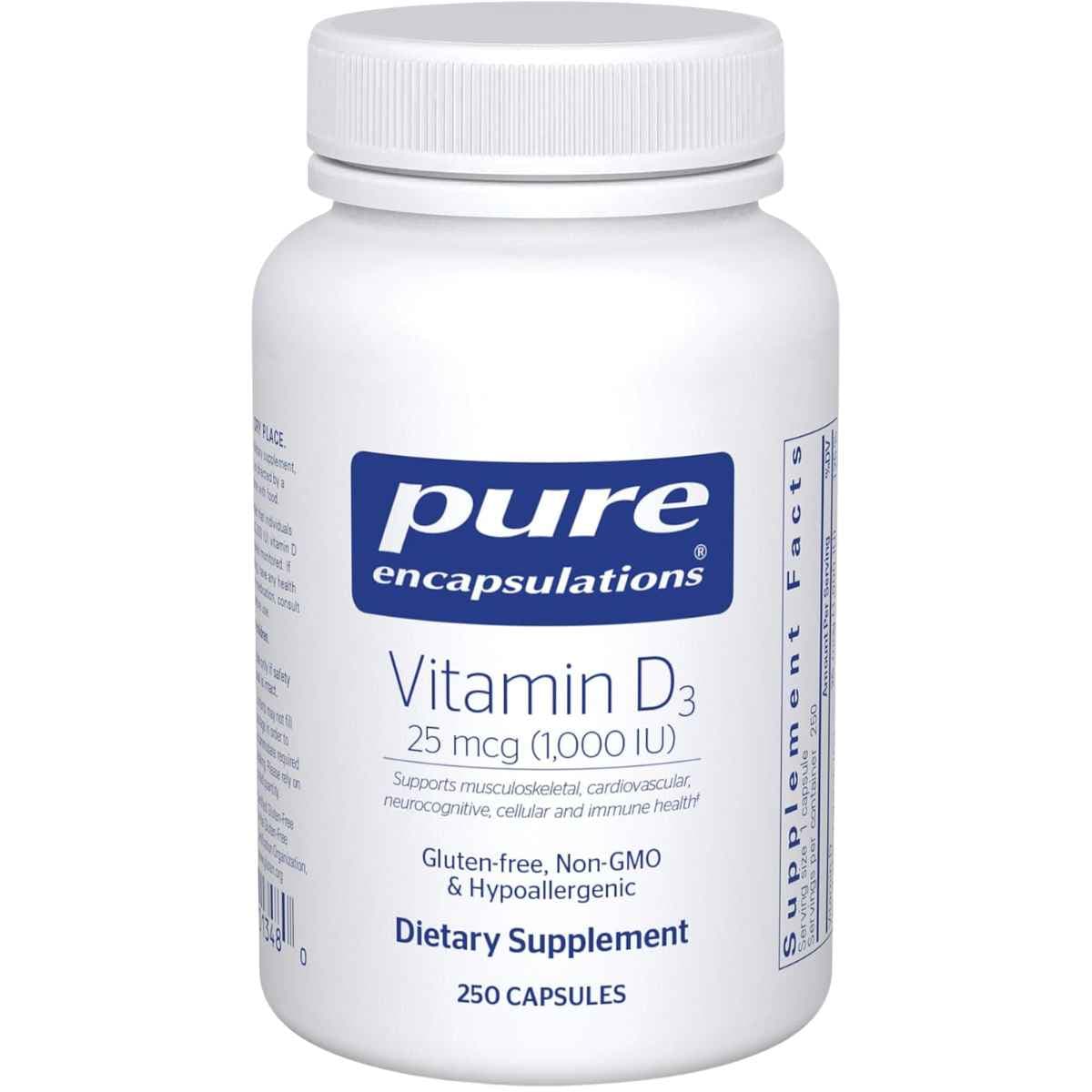 Frasco de suplemento Pure Encapsulations Vitamina D3 1000 UI 250 cápsulas