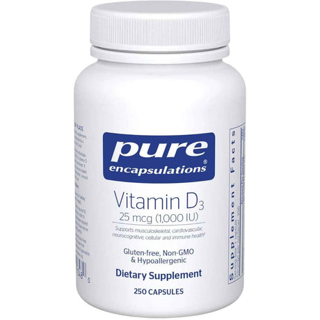 Frasco de suplemento Pure Encapsulations Vitamina D3 1000 UI 250 cápsulas