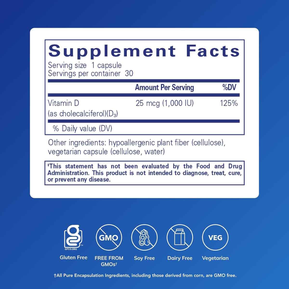 Tabla nutricional del suplemento Pure Encapsulations Vitamina D3 1000 UI 30 cápsulas