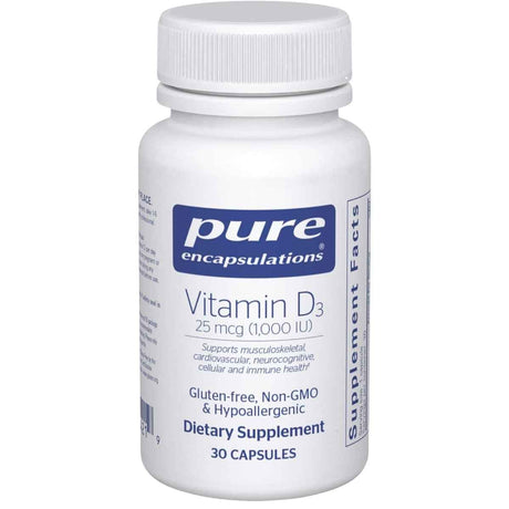 Frasco de suplemento Pure Encapsulations Vitamina D3 1000 UI 30 cápsulas
