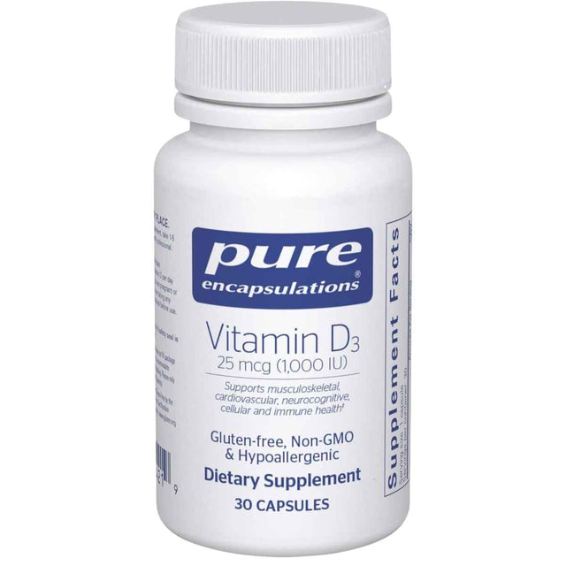 Frasco de suplemento Pure Encapsulations Vitamina D3 1000 UI 30 cápsulas