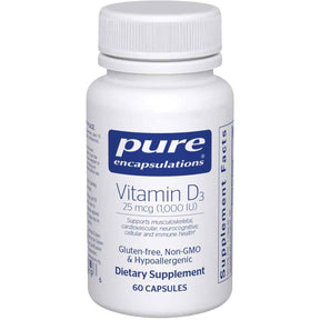 Frasco de suplemento Pure Encapsulations Vitamina D3 1000 UI 60 cápsulas
