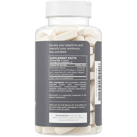 Tabla nutricional del suplemento Pure for Men L-Arginina y L-Citrulina 90 tabletas