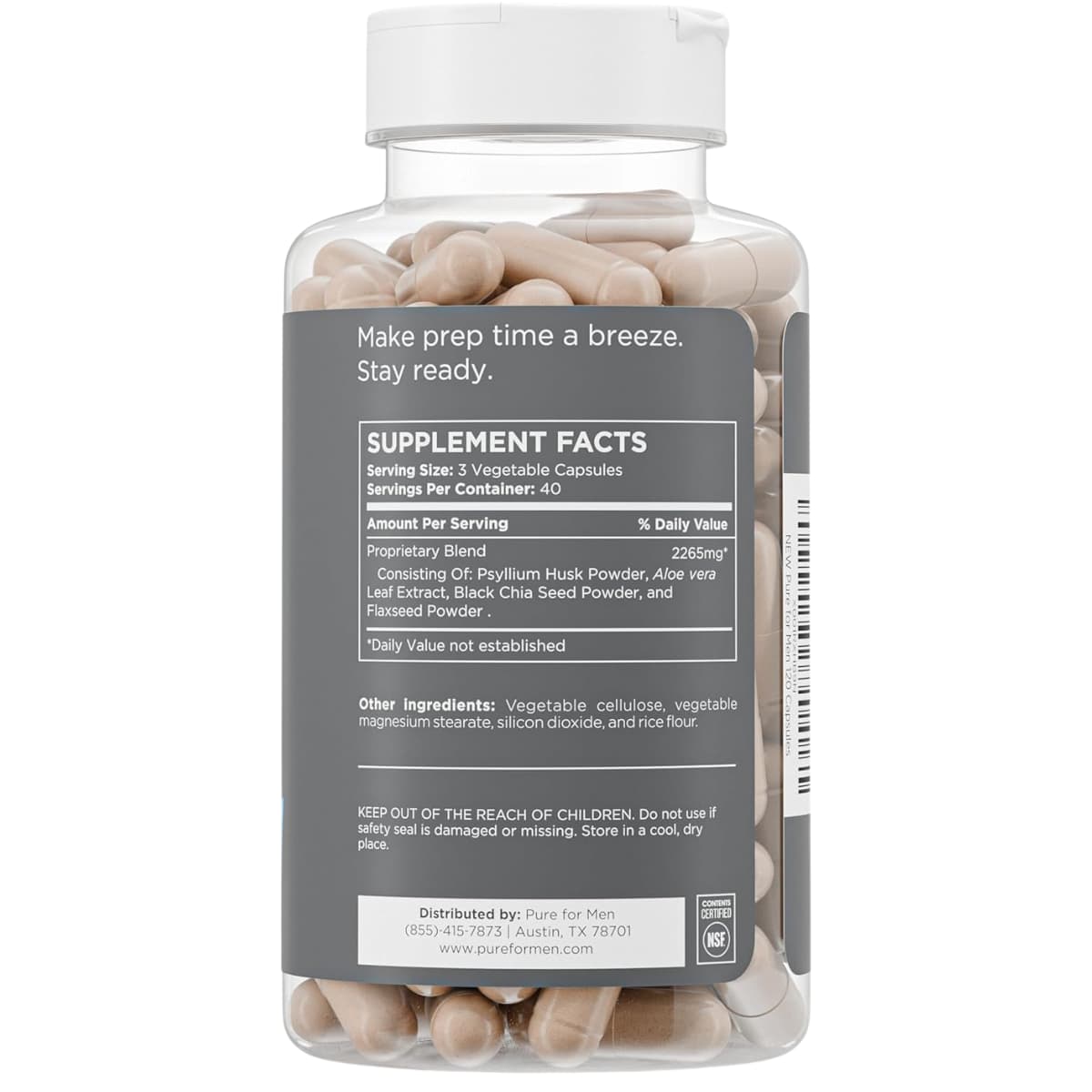 Etiqueta de suplemento de Pure for Men Stay Ready mezcla de fibra con información de porción e ingredientes