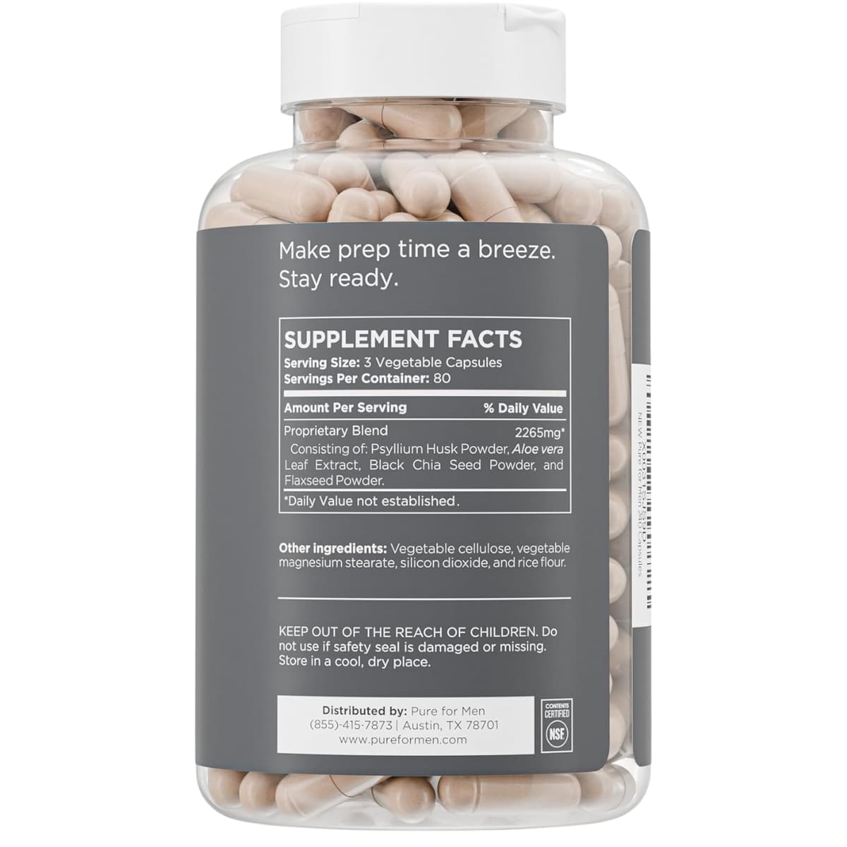 Etiqueta de suplemento de Pure for Men Stay Ready mezcla de fibra con información de porción e ingredientes