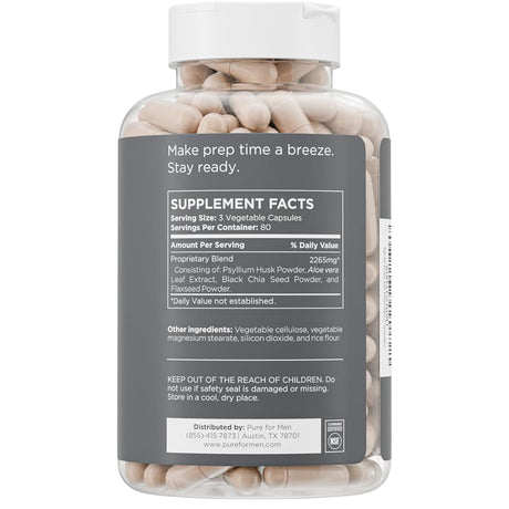 Etiqueta de suplemento de Pure for Men Stay Ready mezcla de fibra con información de porción e ingredientes