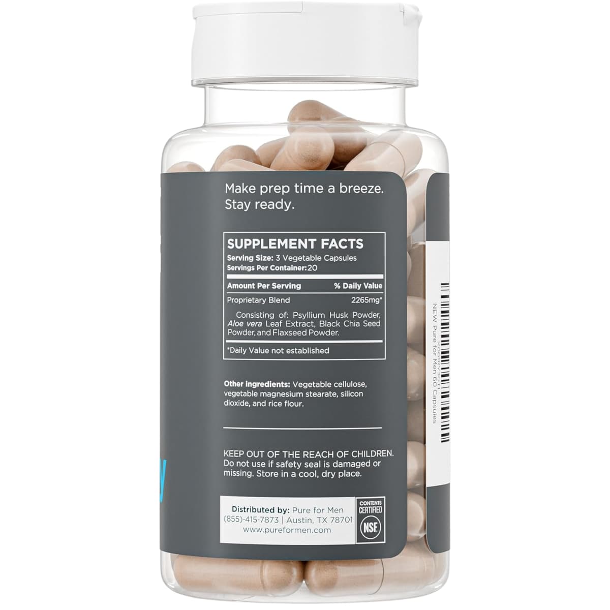 Etiqueta de suplemento de Pure for Men Stay Ready mezcla de fibra con información de porción e ingredientes