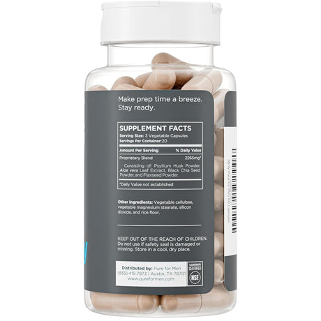 Etiqueta de suplemento de Pure for Men Stay Ready mezcla de fibra con información de porción e ingredientes