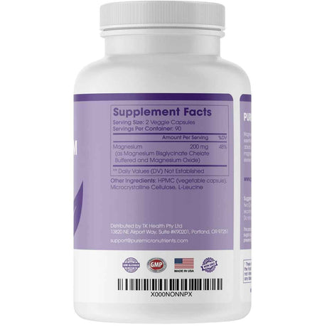 Panel de información del suplemento de Pure Micronutrients complejo de magnesio con 200 mg por porción.