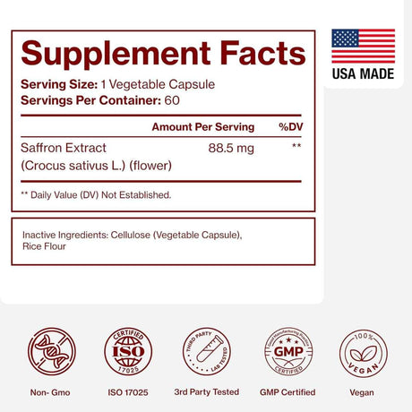 Tabla nutricional del suplemento Pure Micronutrients Extracto de Azafrán 60 cápsulas
