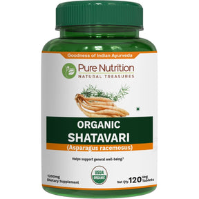 Frasco de suplemento Pure Nutrition Organic Shatavari 120 tabletas