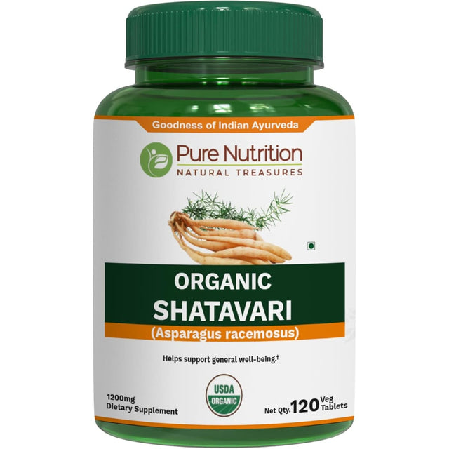 Frasco de suplemento Pure Nutrition Organic Shatavari 120 tabletas