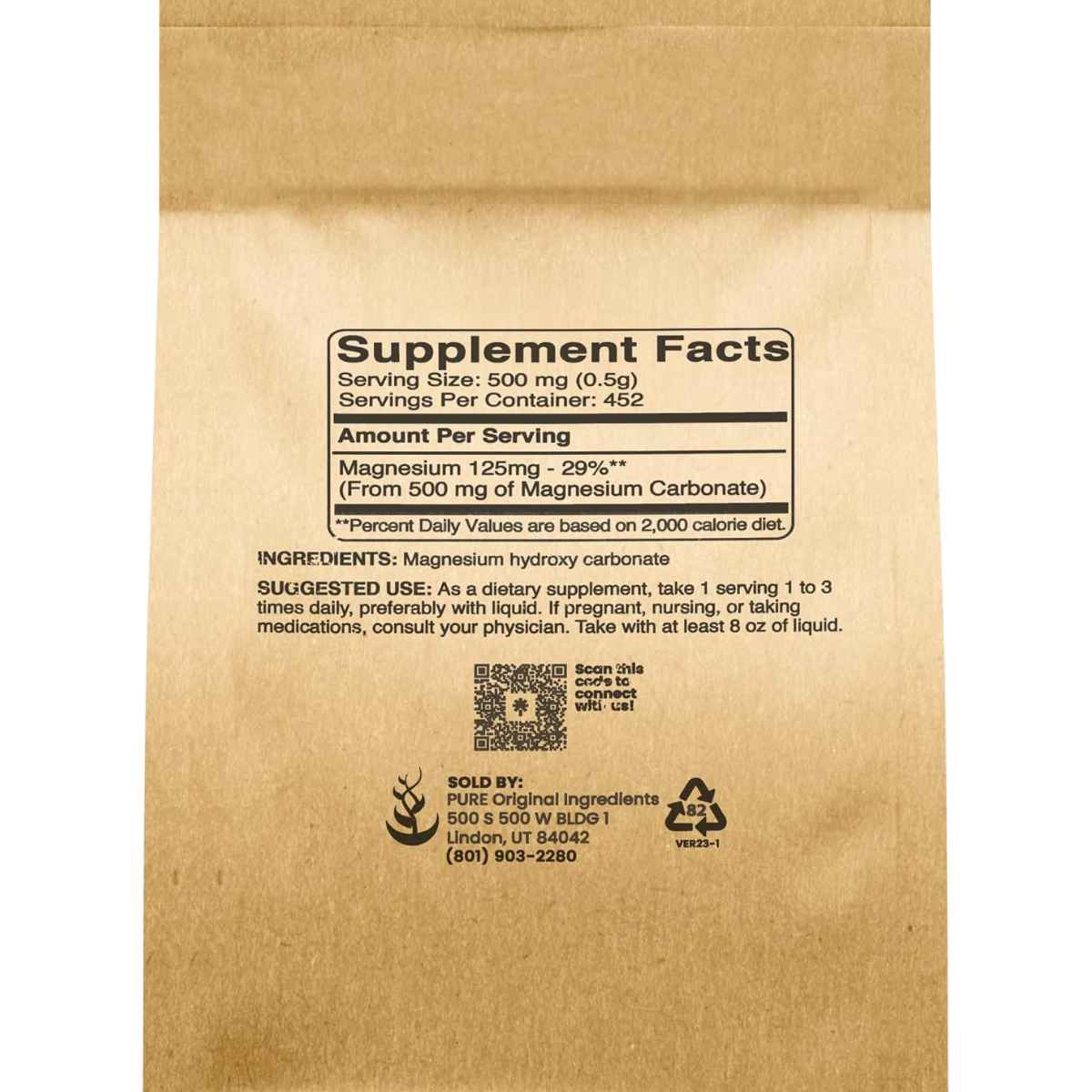 Panel de información del suplemento de Pure Original Ingredients carbonato de magnesio, 226,7 g.