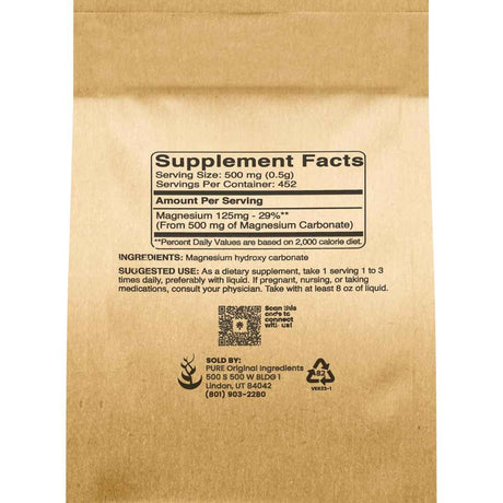 Panel de información del suplemento de Pure Original Ingredients carbonato de magnesio, 226,7 g.