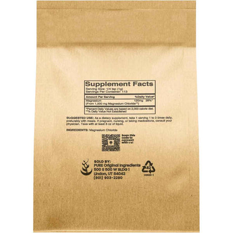 Información del suplemento de Pure Original Ingredients cloruro de magnesio en polvo 113.4 g