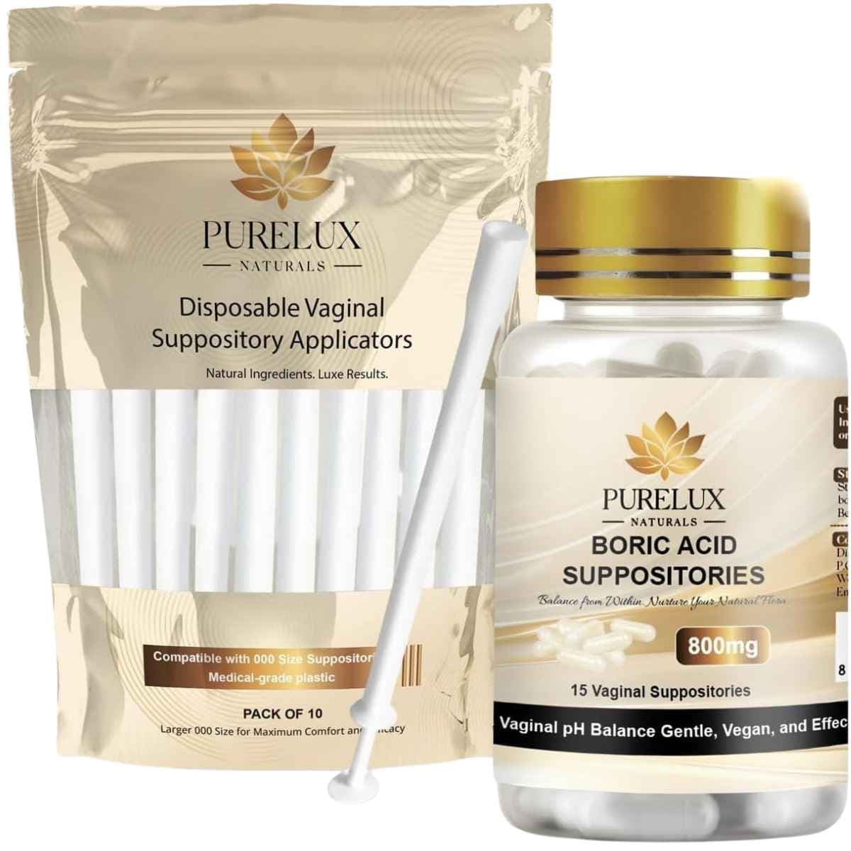 PureLux Naturals ácido bórico con 15 supositorios vaginales y 10 aplicadores desechables