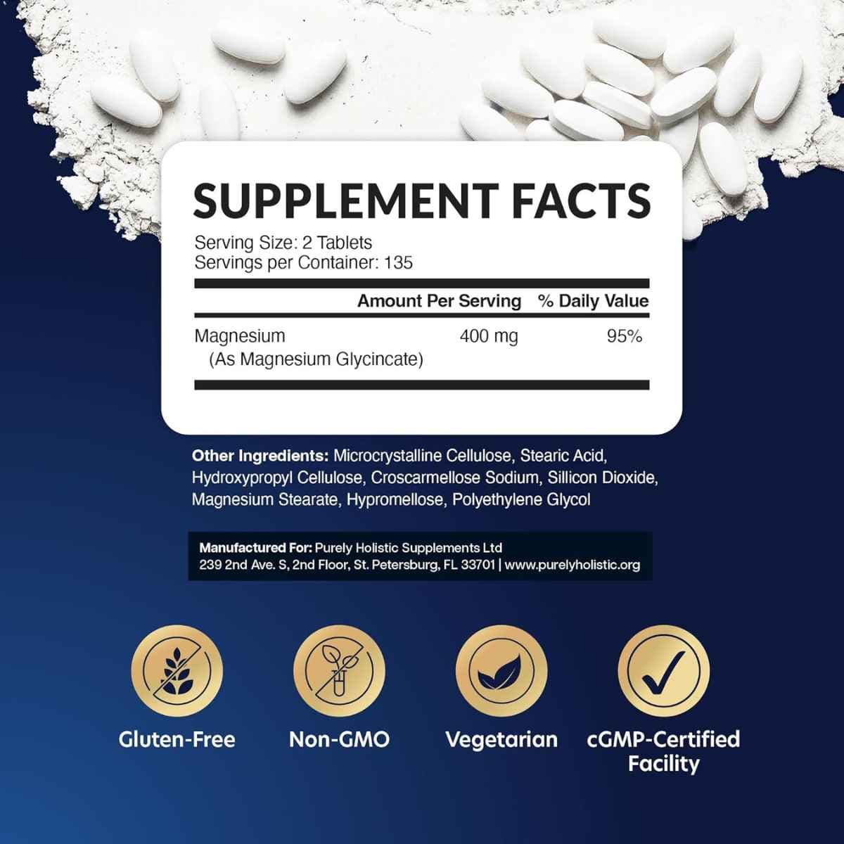 Etiqueta Supplement Facts de Purely Holistic glicinato de magnesio 400 mg