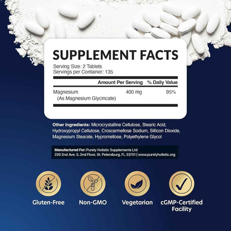 Etiqueta Supplement Facts de Purely Holistic glicinato de magnesio 400 mg