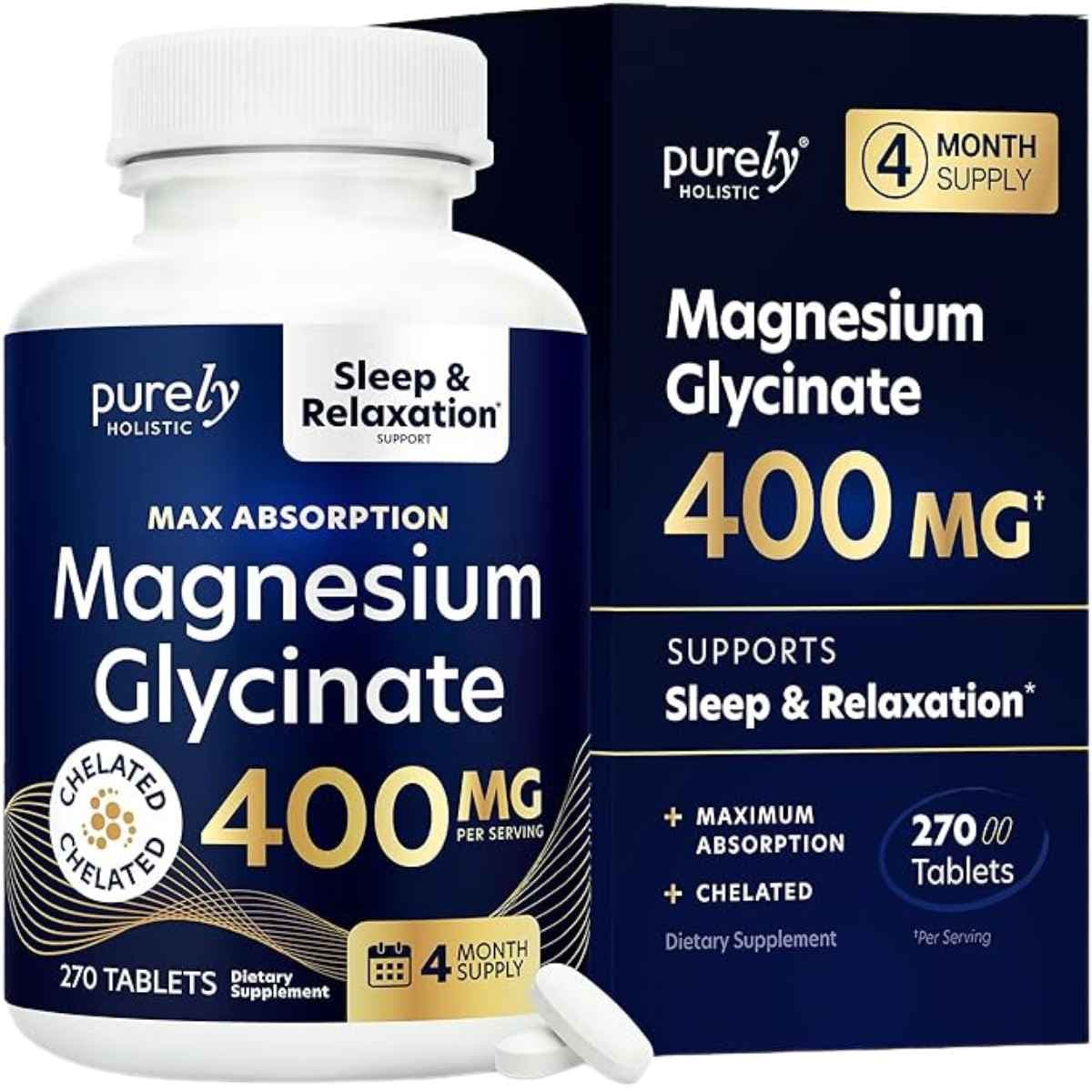 Frasco de Purely Holistic glicinato de magnesio 400 mg con 270 tabletas