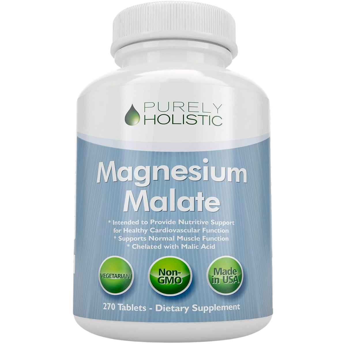 Frasco frontal de Purely Holistic malato de magnesio 400 mg por porción, 270 tabletas