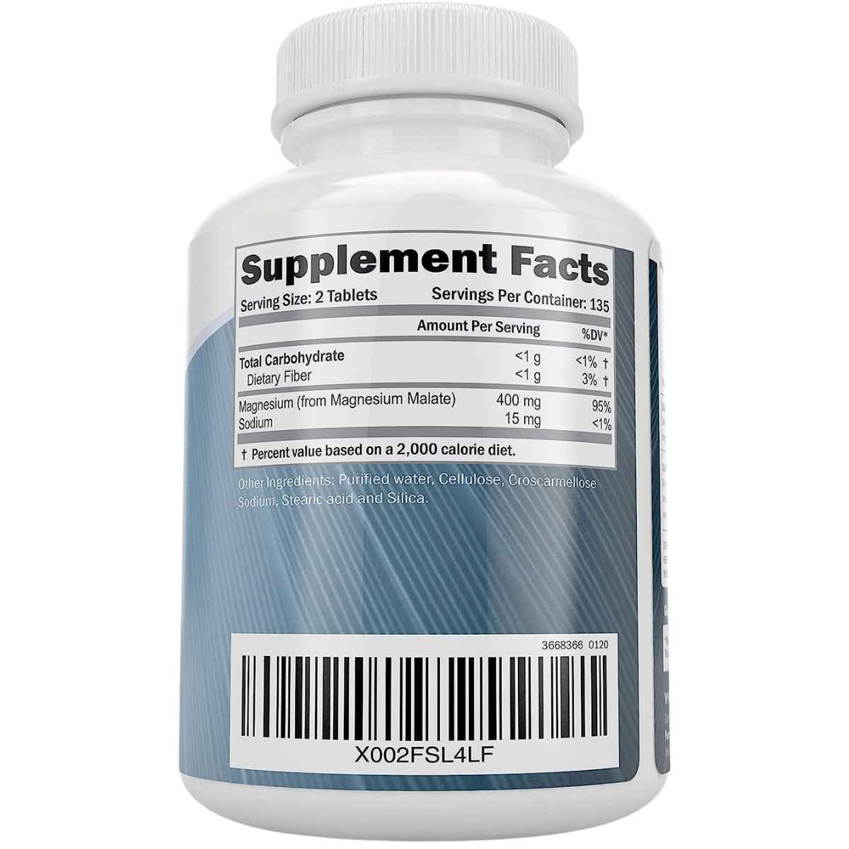 Información del suplemento de Purely Holistic malato de magnesio 400 mg por porción, 270 tabletas