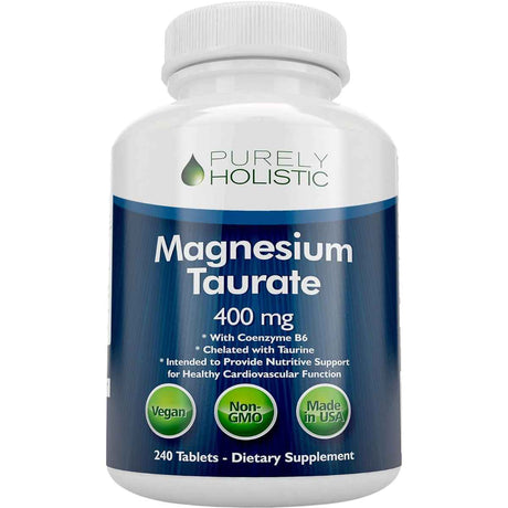 Purely Holistic taurato de magnesio 400 mg, 240 tabletas, vista frontal.